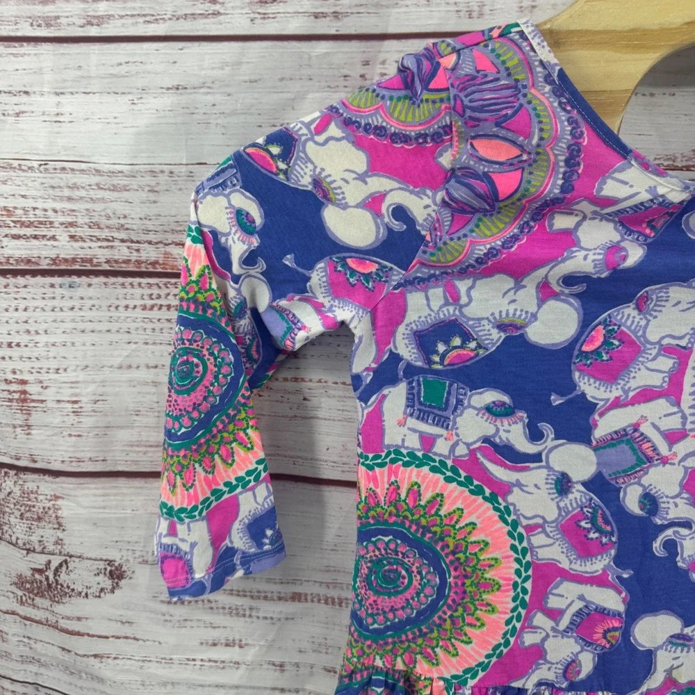 Lilly Pulitzer Dress Girls XL 12-14 Blue Pink Elephant Mandala Cotton Knit Dress